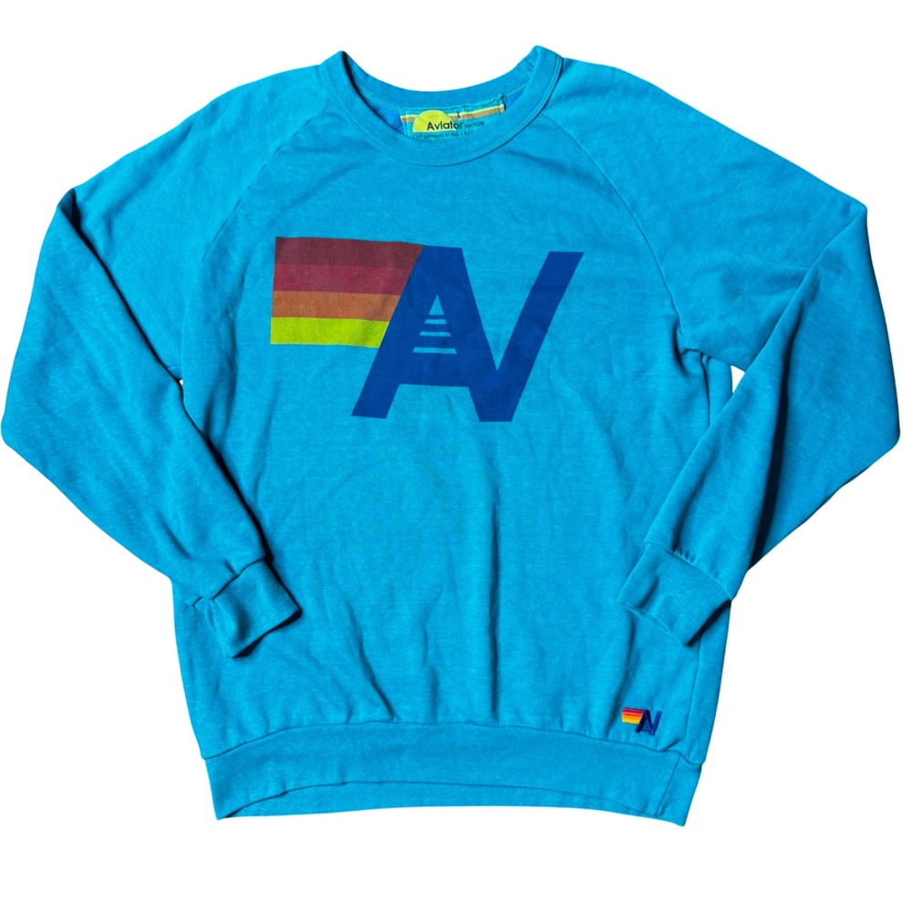 Aviator Nation Turquoise Blue Rainbow AV Logo Crewneck Sweatshirt Womens Large